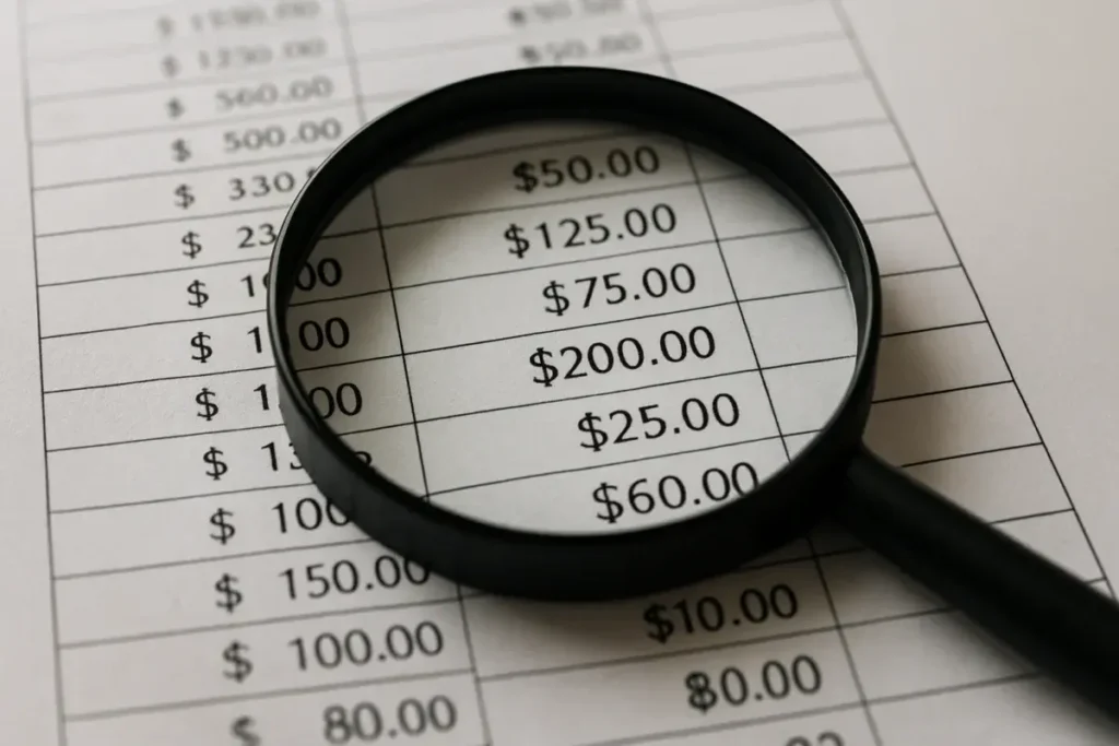 Grille tarifaire de recouvrement examinée à la loupe sur un bureau