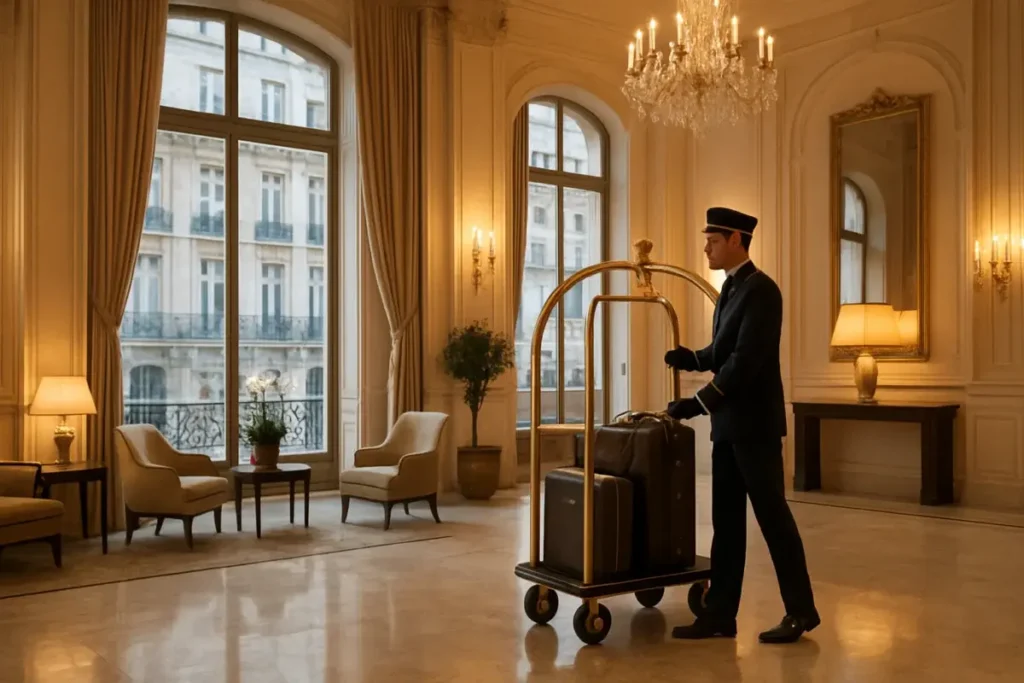 Hall d'hôtel parisien élégant avec vue sur une rue haussmannienne