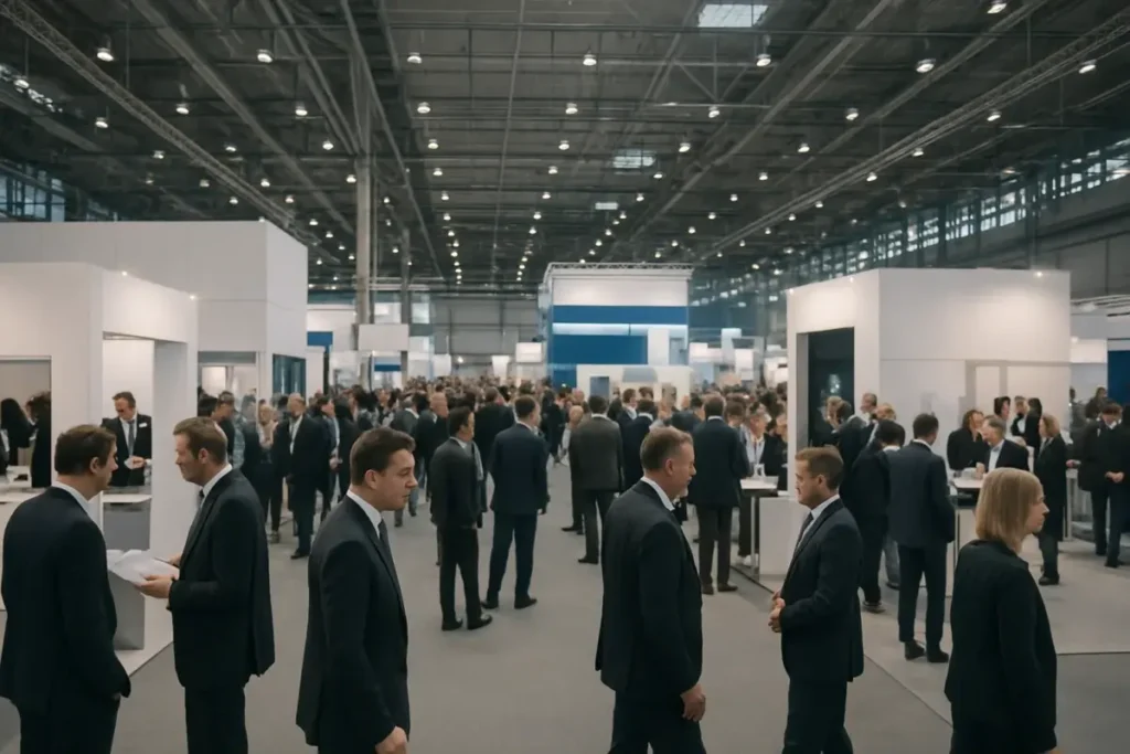 Hall d'un salon professionnel international bondé en Allemagne