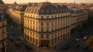 Hôtel de luxe en centre-ville européen sous lumière dorée