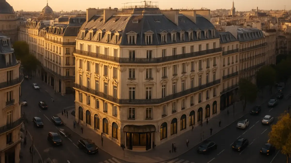 Hôtel de luxe en centre-ville européen sous lumière dorée