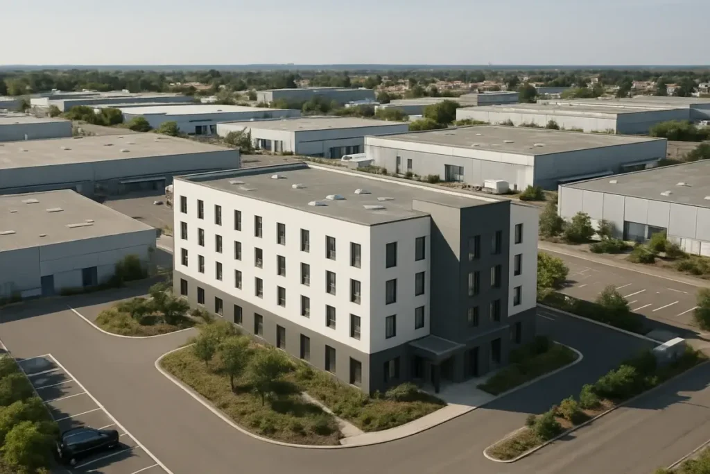 Hôtel économique et entrepôts logistiques dans une zone industrielle européenne