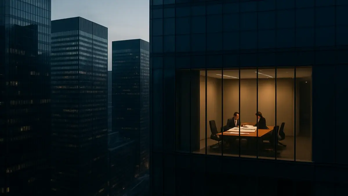 Immeuble de bureaux financiers au crépuscule, salle de réunion éclairée