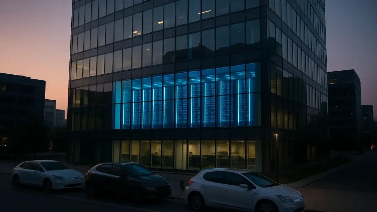 Immeuble de bureaux moderne avec salle serveurs illuminée au crépuscule
