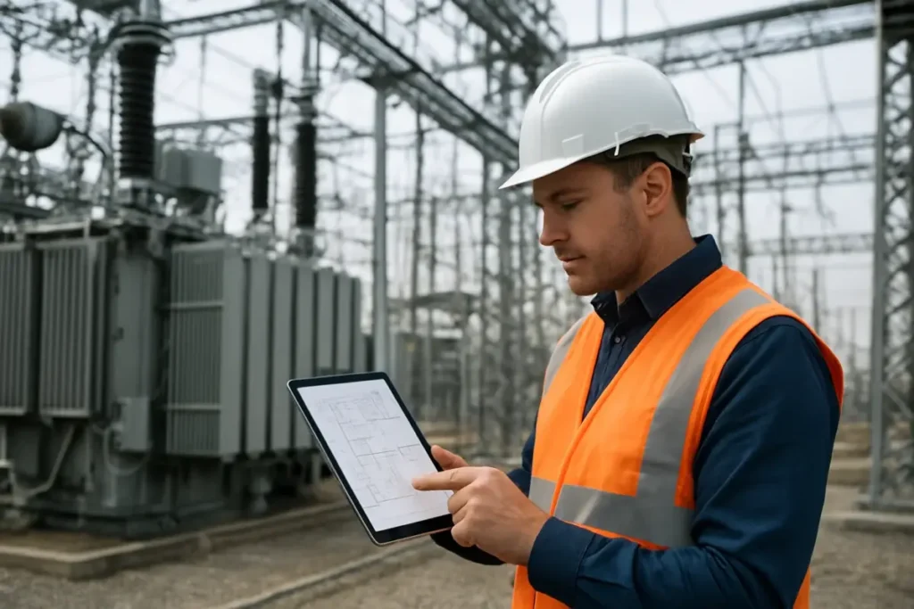 Ingénieur inspecte une infrastructure électrique industrielle de grande échelle