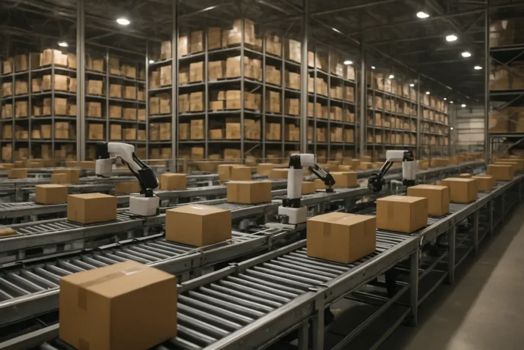 Intérieur automatisé d'un entrepôt logistique avec convoyeurs et étagères