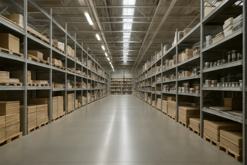 Intérieur d'un entrepôt commercial de bricolage avec allées larges et rayonnages hauts