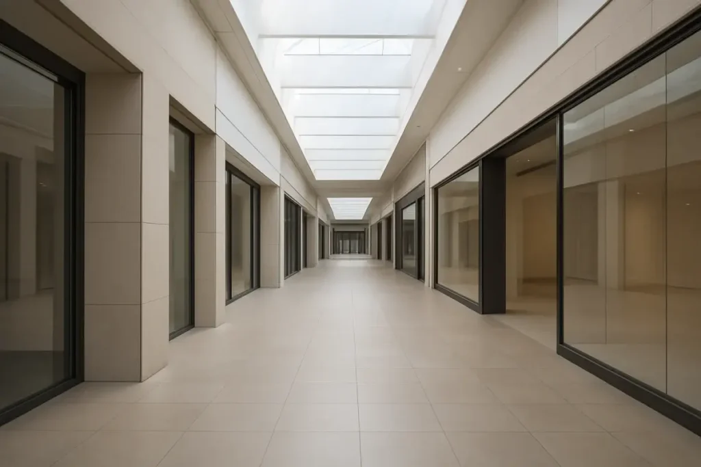 Intérieur d'un retail park moderne avec larges allées lumineuses