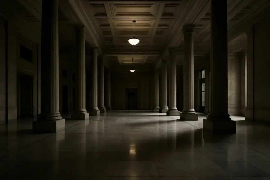 Intérieur d'une institution financière aux colonnes de marbre