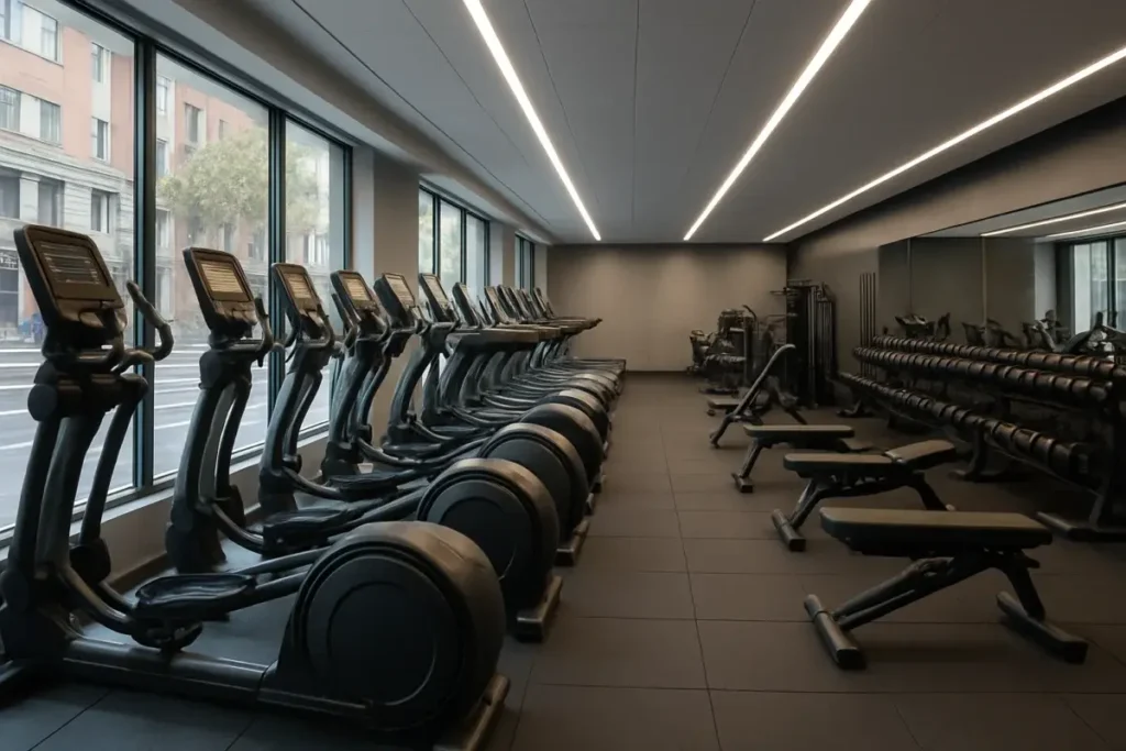 Intérieur d'une salle de sport moderne en Espagne, équipements fitness