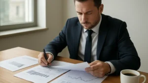 Investisseur analysant des rapports financiers et graphiques de valorisation boursière