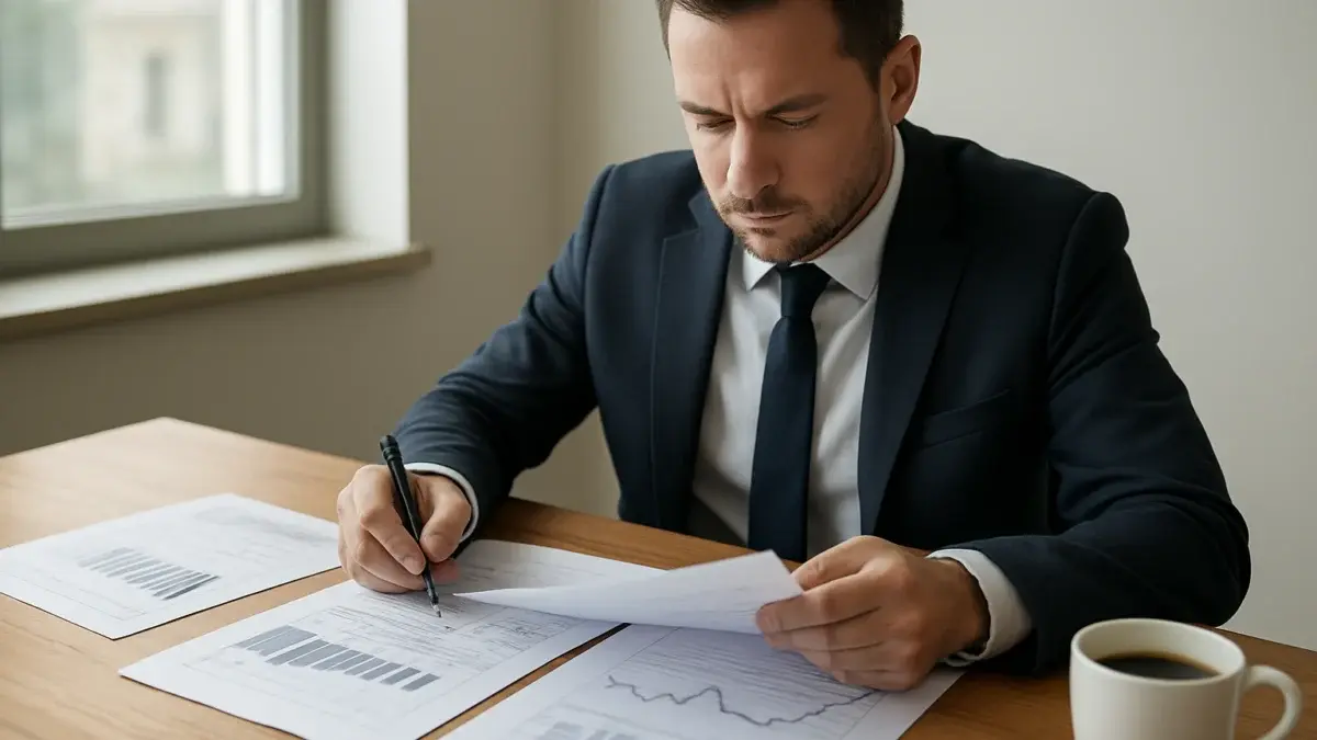 Investisseur analysant des rapports financiers et graphiques de valorisation boursière