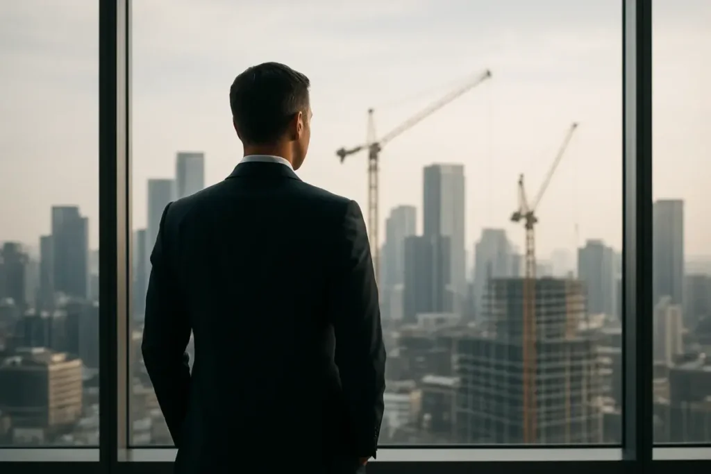 Investisseur face à une skyline urbaine avec grues de construction visibles