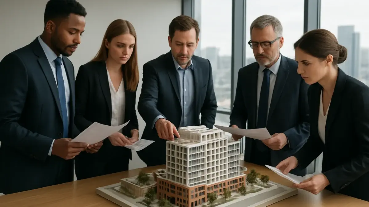 Investisseurs réunis autour d'une maquette immobilière en salle de réunion