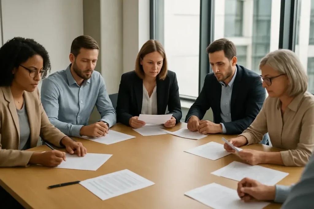 Investisseurs réunis autour d'une table pour négocier collectivement