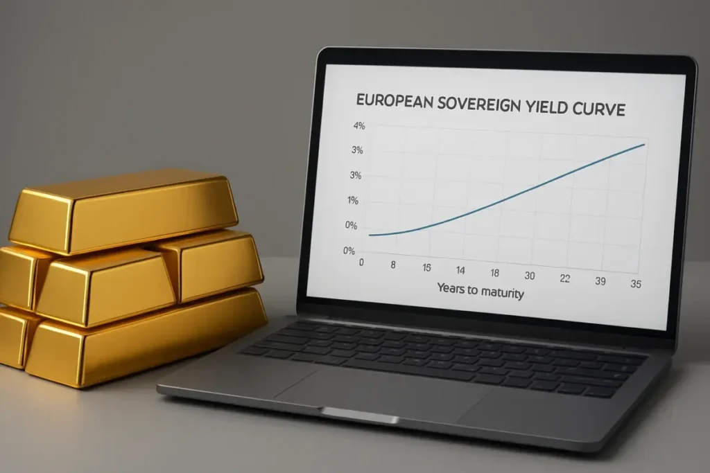 Lingots d'or posés près de documents obligataires et courbe de taux européens