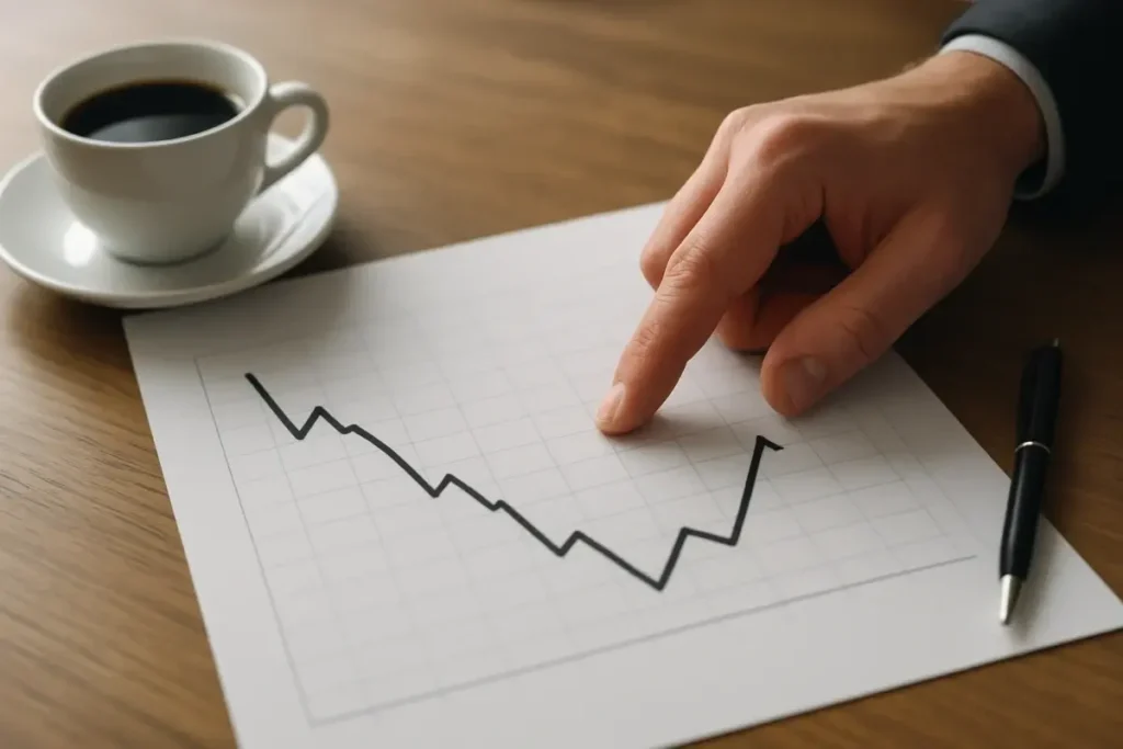 Main pointant un graphique de cycle financier imprimé sur papier