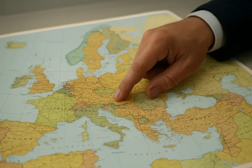Main pointant une carte géopolitique détaillée de l'Europe