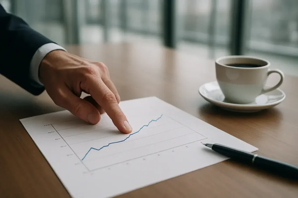 Main pointant une courbe de rendement immobilier prime sur un document imprimé