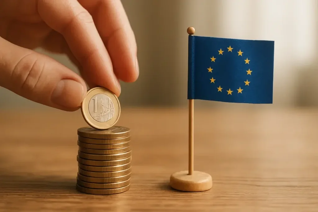 Main posant une pièce en euros près d'un drapeau européen