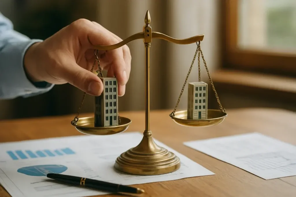 Mains d'analyste pesant des immeubles miniatures sur une balance