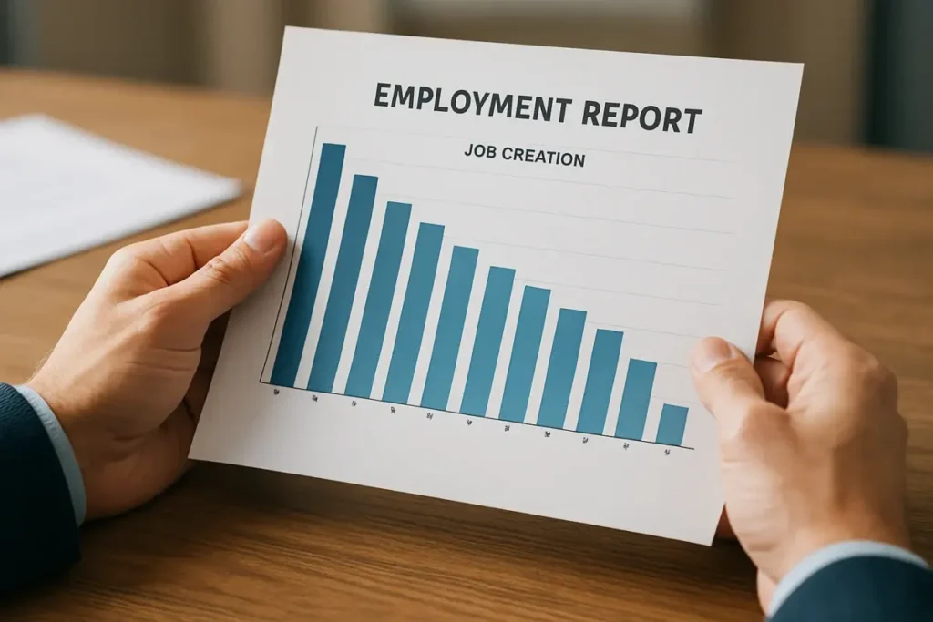Mains tenant un rapport emploi imprimé avec graphiques en baisse