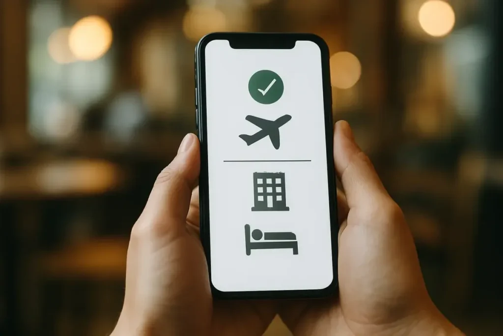Mains tenant un smartphone affichant une réservation de voyage confirmée