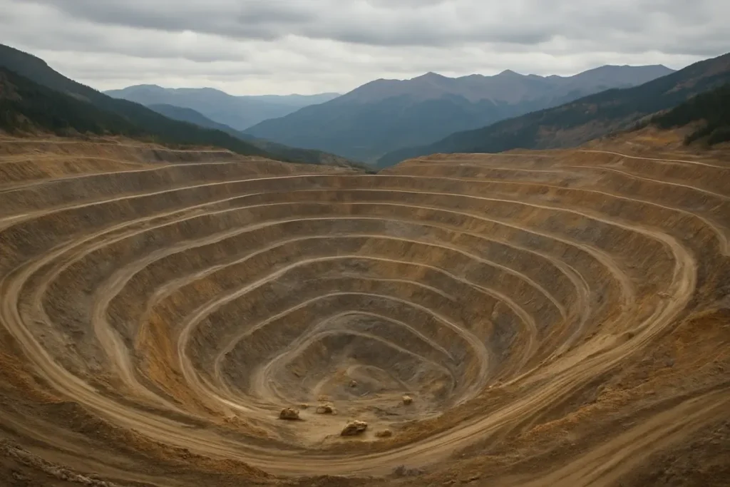 Mine d'or à ciel ouvert avec terrasses d'excavation et engins miniers