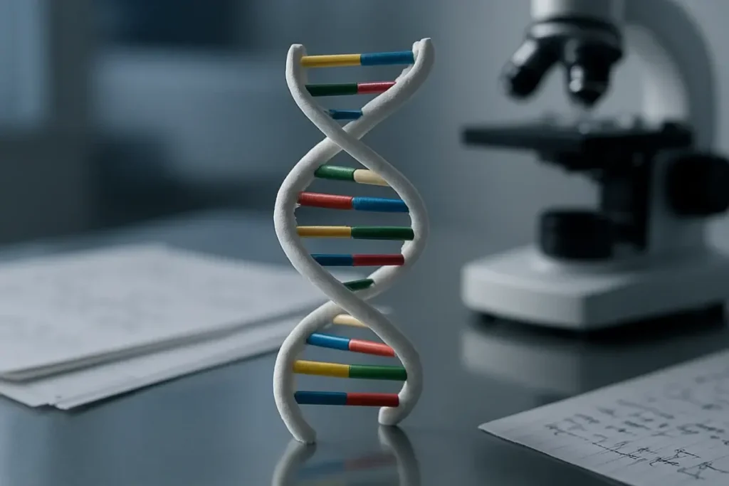 Modèle moléculaire d'ADN sur un plan de laboratoire de recherche
