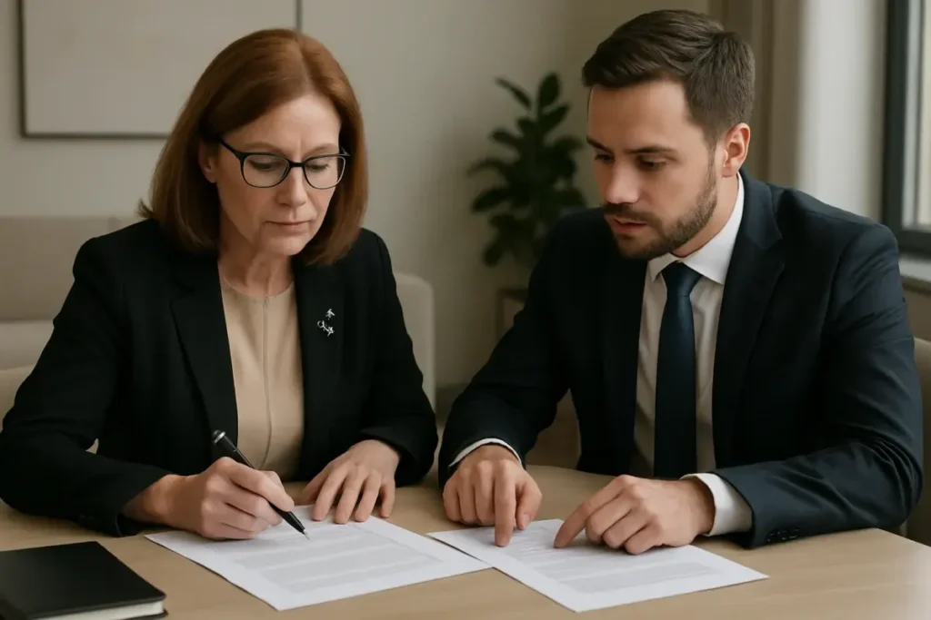 Notaire et conseiller patrimonial analysant un contrat d'assurance-vie