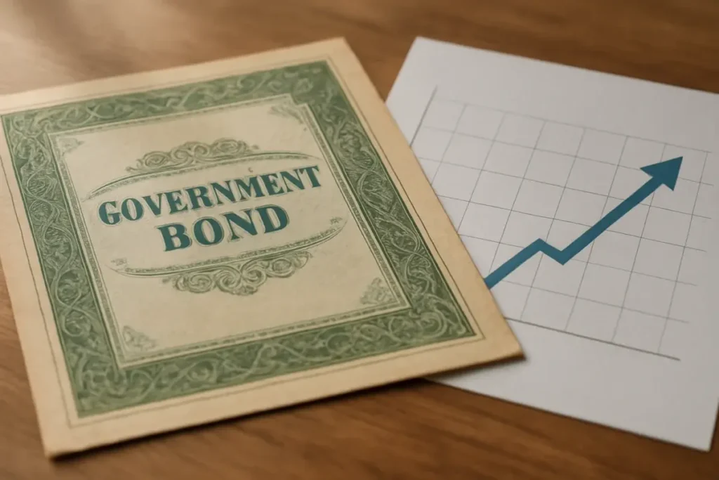 Obligation d'État physique posée sur un bureau avec graphique de taux en hausse