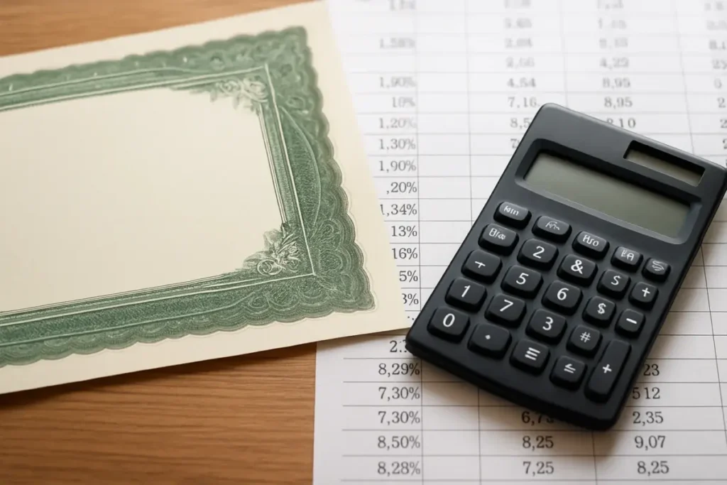 Obligation d'État posée sur un bureau avec calculatrice et tableau de taux