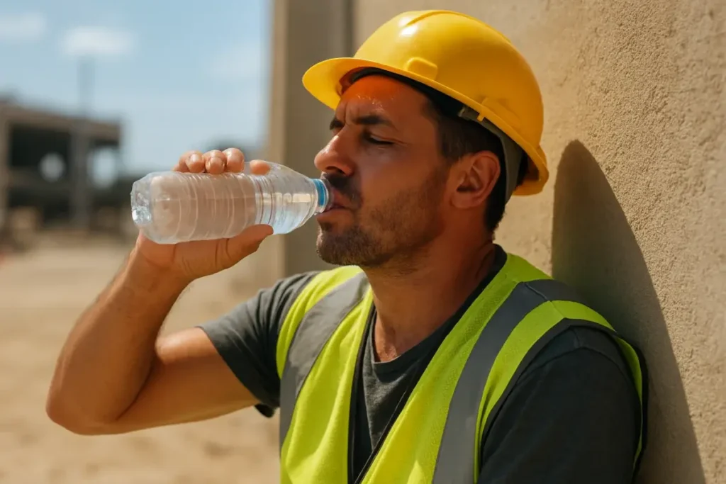 Ouvrier de chantier à l'ombre par forte chaleur, buvant de l'eau