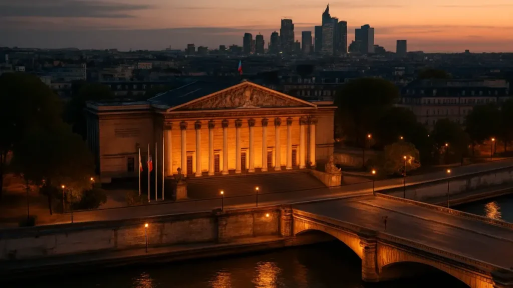 Palais Bourbon à Paris, siège de l'Assemblée nationale, vue aérienne au crépuscule