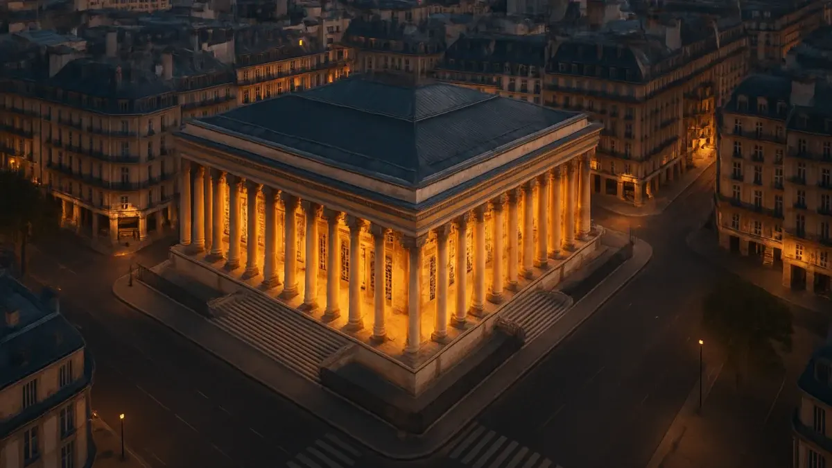 Palais Brongniart Paris au crépuscule, siège historique de la Bourse