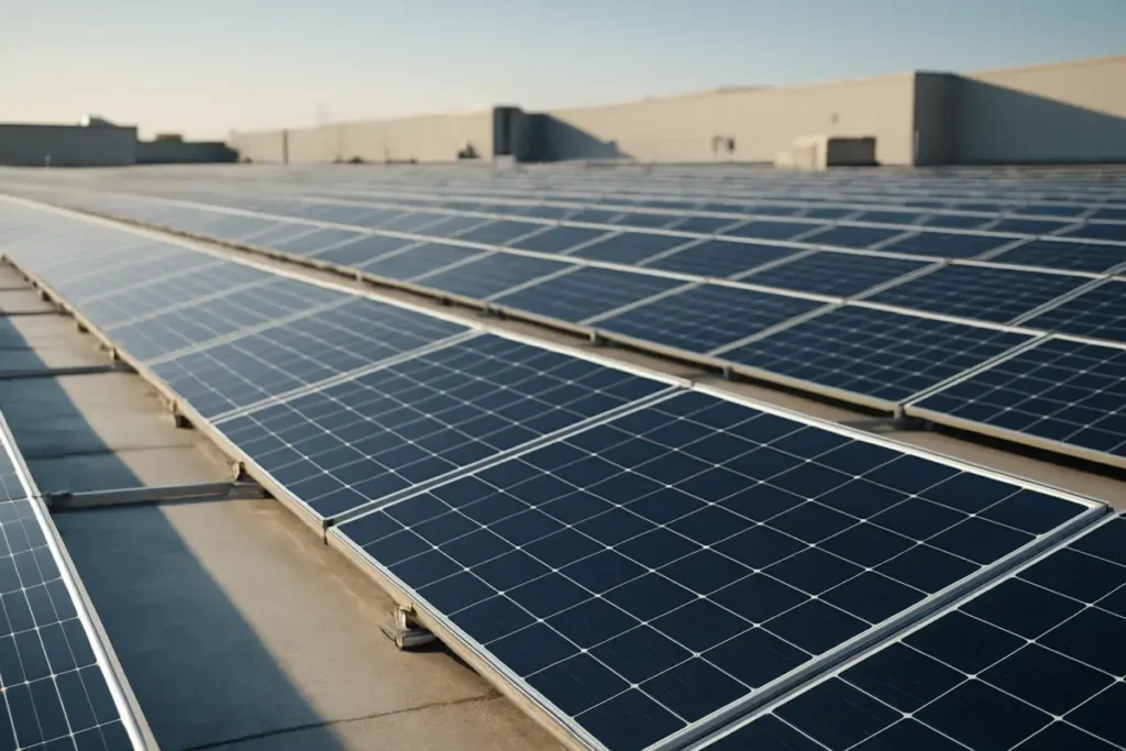Panneaux photovoltaïques en toiture d'un entrepôt logistique industriel