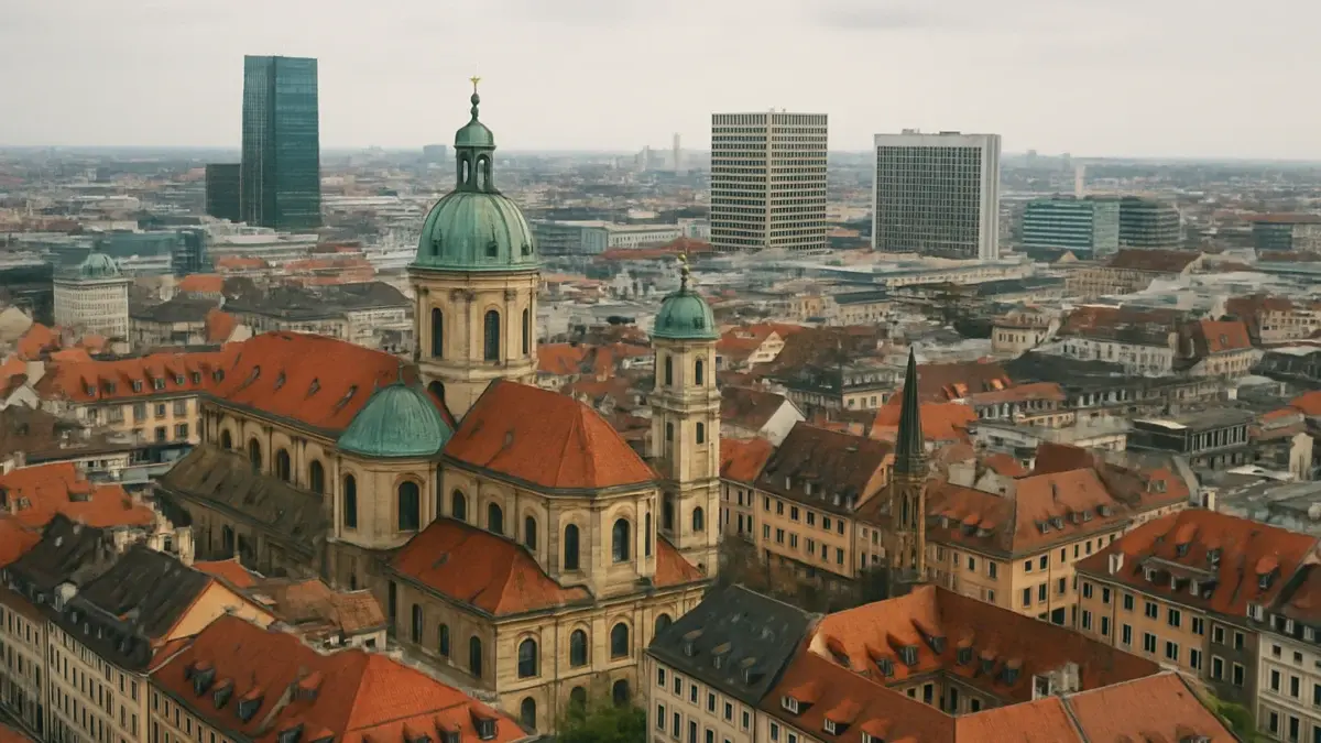 Panorama urbain européen avec immeubles commerciaux modernes et architecture historique