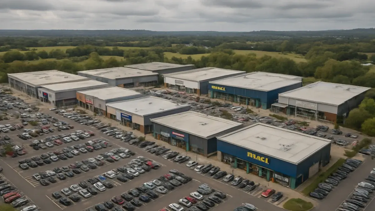 Parc commercial en périphérie de Bristol, Royaume-Uni, ciel nuageux