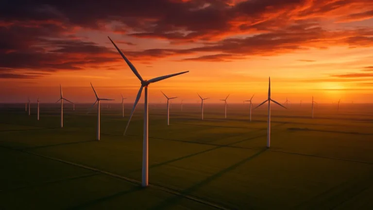 Parc éolien vu du ciel au crépuscule, ombre longue des turbines