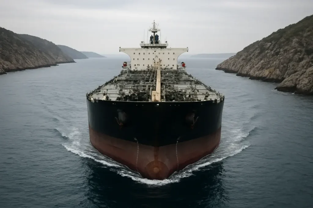 Pétrolier naviguant dans un détroit stratégique entre deux côtes rocheuses