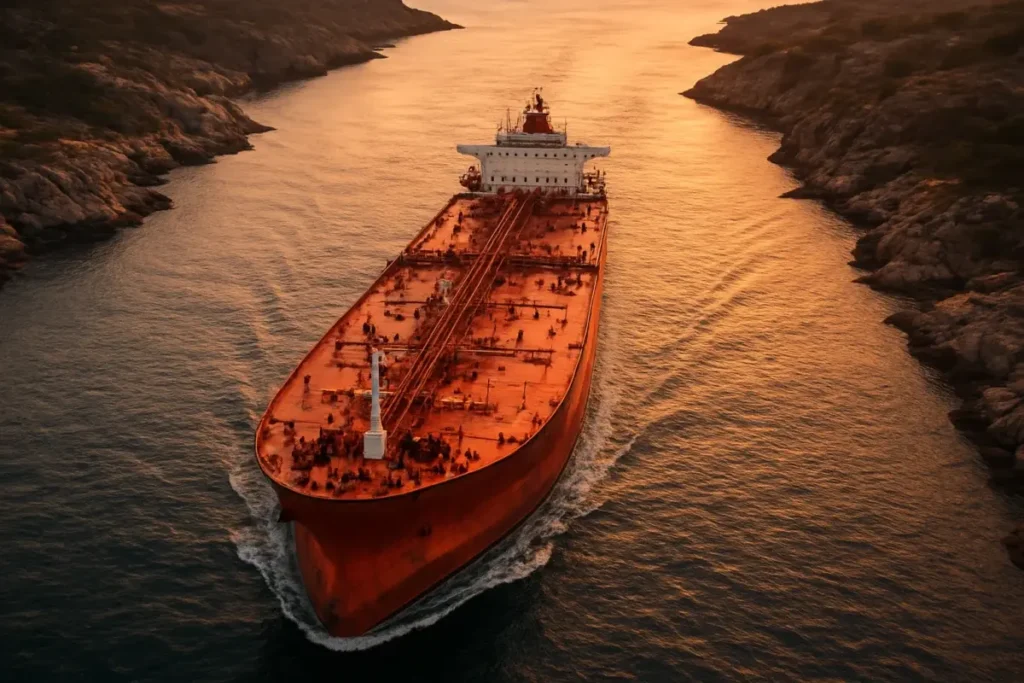 Pétrolier traversant un détroit maritime au coucher de soleil