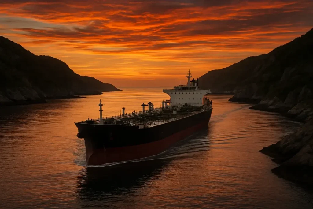 Pétrolier traversant un détroit maritime au coucher du soleil