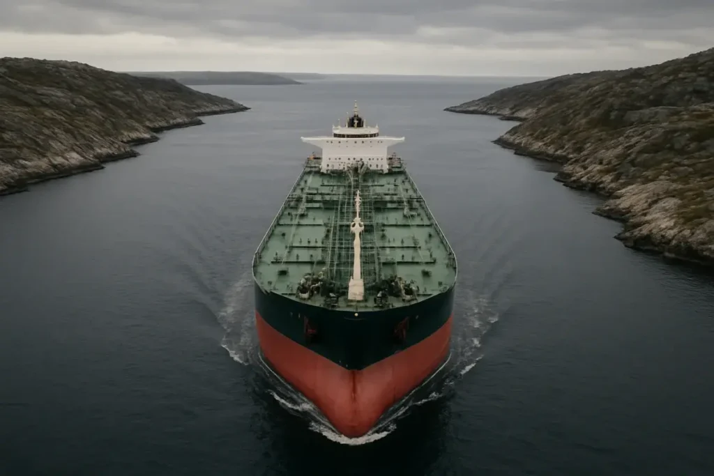 Pétrolier traversant un détroit stratégique sous ciel nuageux