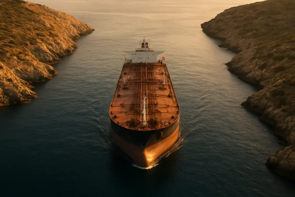Pétrolier traversant un détroit stratégique sous lumière dorée