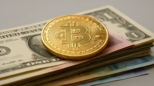 Pièce bitcoin posée sur des billets de diverses devises mondiales