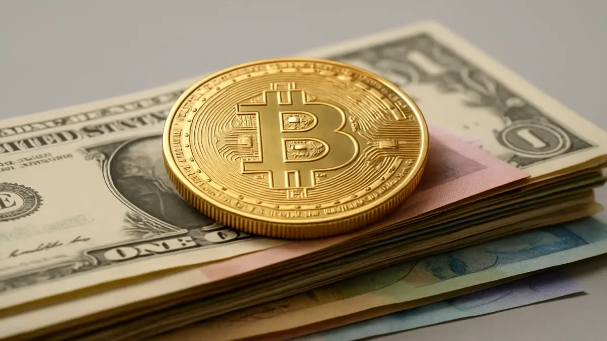 Pièce bitcoin posée sur des billets de diverses devises mondiales