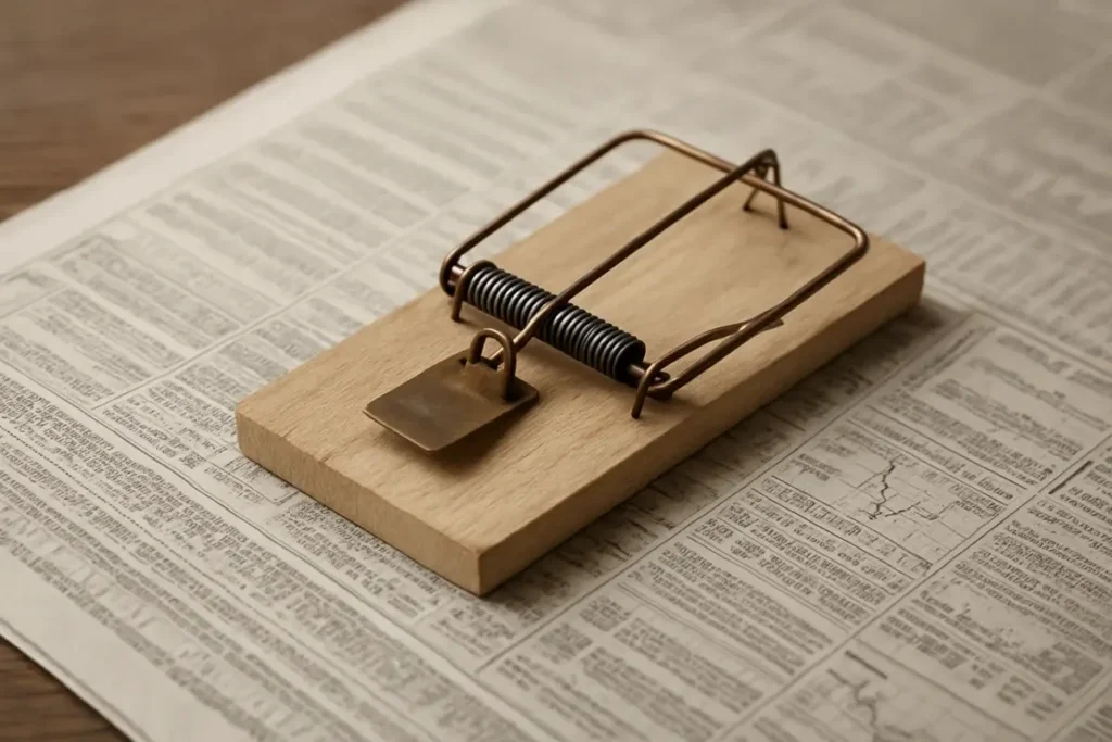 Piège à souris posé sur un journal financier ouvert, illustrant le value trap