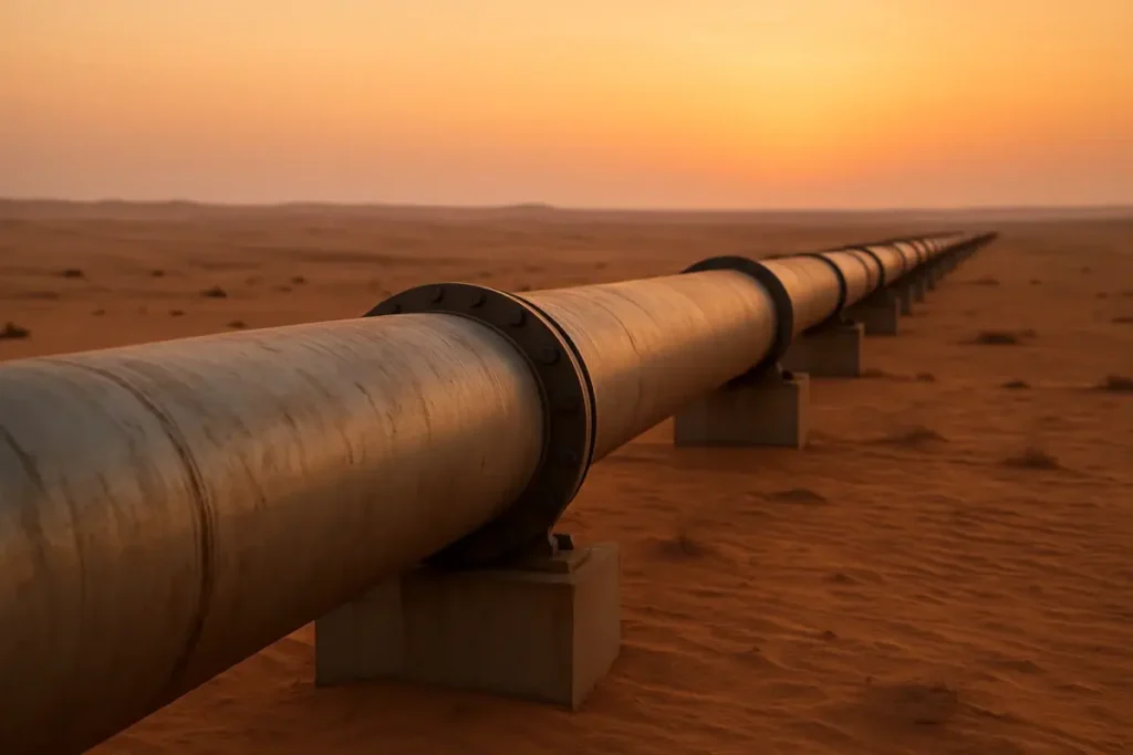 Pipeline pétrolier traversant un désert sous un ciel orangé