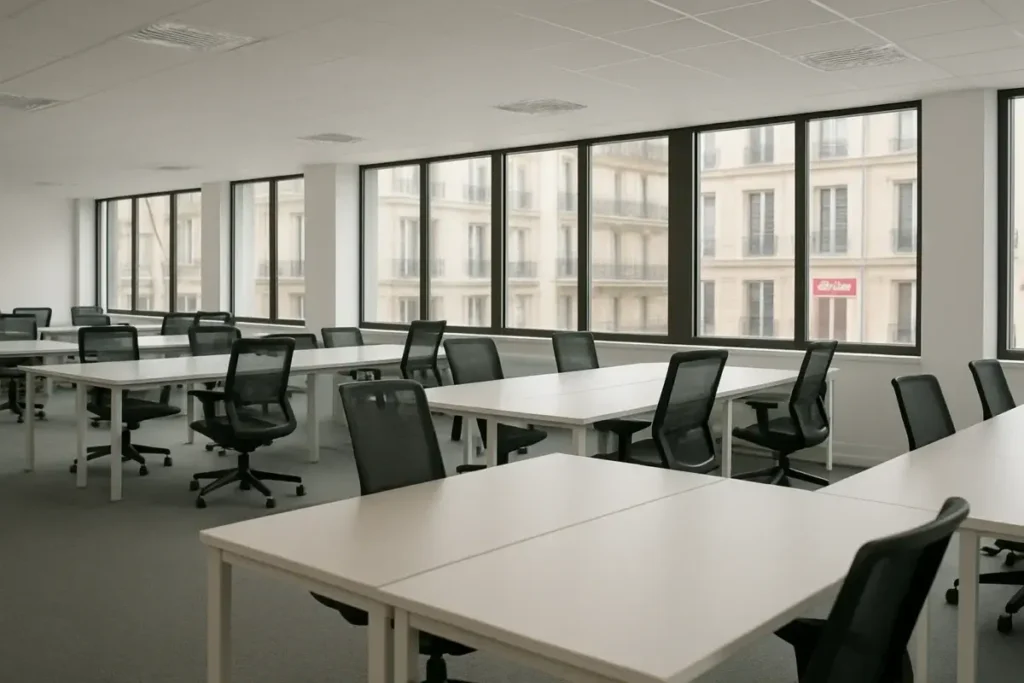 Plateau de bureaux parisiens vides avec panneau de location en arrière-plan