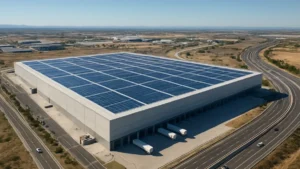 Plateforme logistique frigorifique avec panneaux photovoltaïques en toiture, nord de Madrid